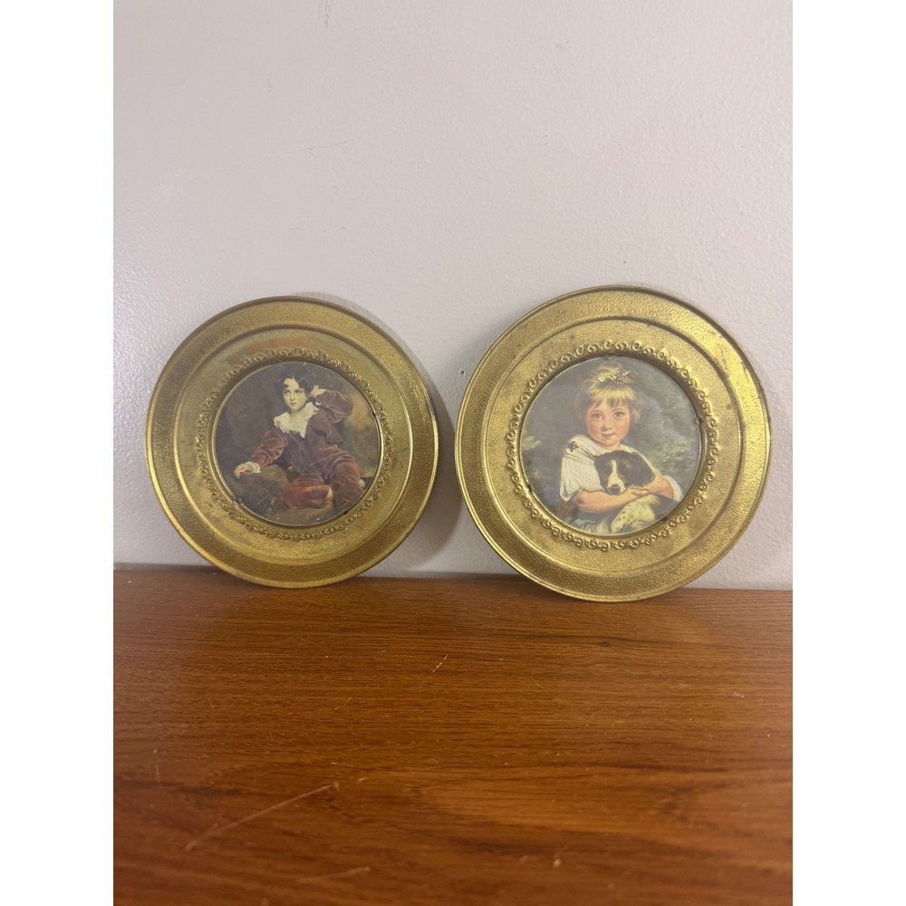 Vintage Brass Portrait Wall Art Set 2 Miss Bowles Red Boy England Victorian